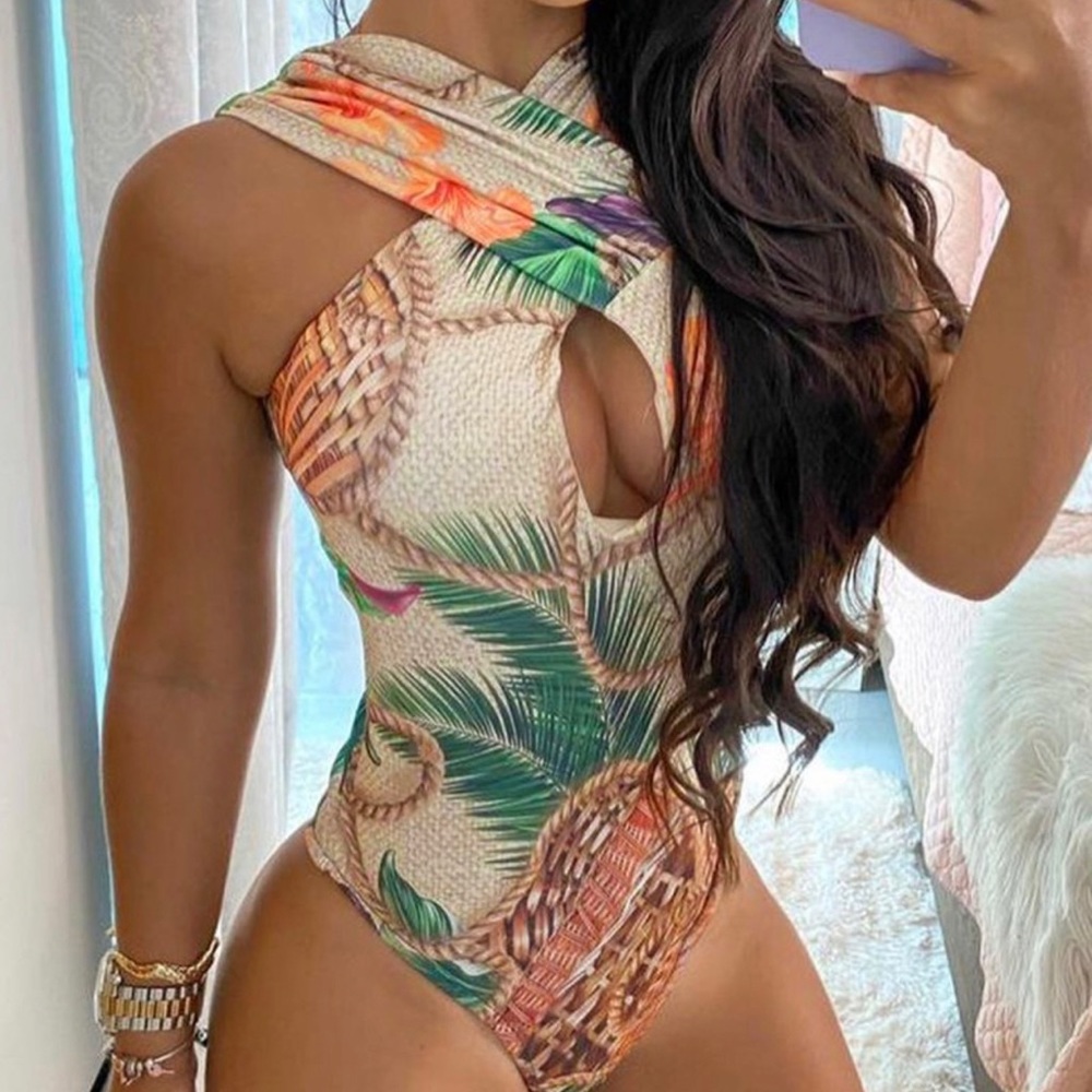 Halter Cutout Front Tropical Print One Piece Swimsuit